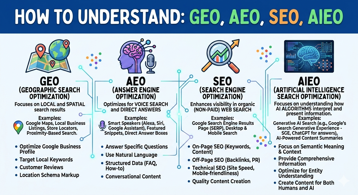 Як розібратись: GEO, AEO, SEO, AIEO